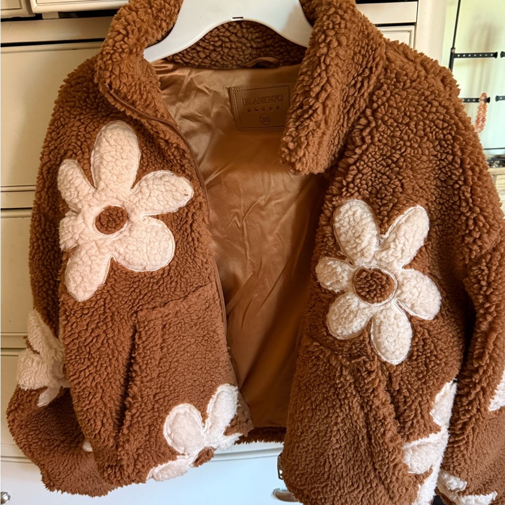 Free People Brown Teddy Jacket with Cream Floral Accents